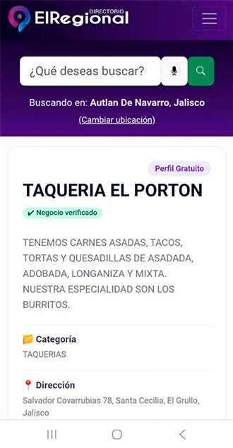 Ejemplo de perfil Taquería El Portón